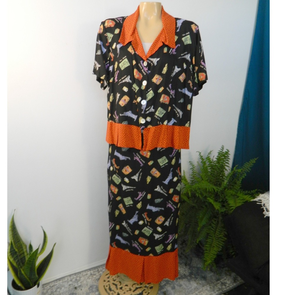 Nicole Marie Skirt Set Women XL Black Travel Novelty Print Rayon 90s Vintage USA